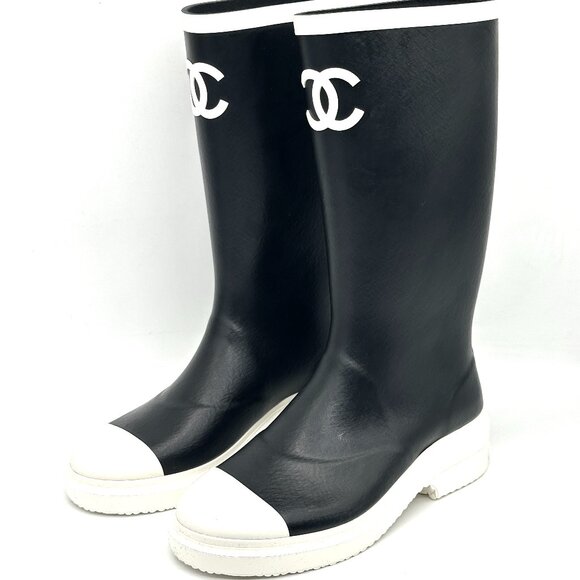 CHANEL 26C Rubber PVC CC Logo Two Tone Rainboots Rain Boots Black White - Picture 4 of 12